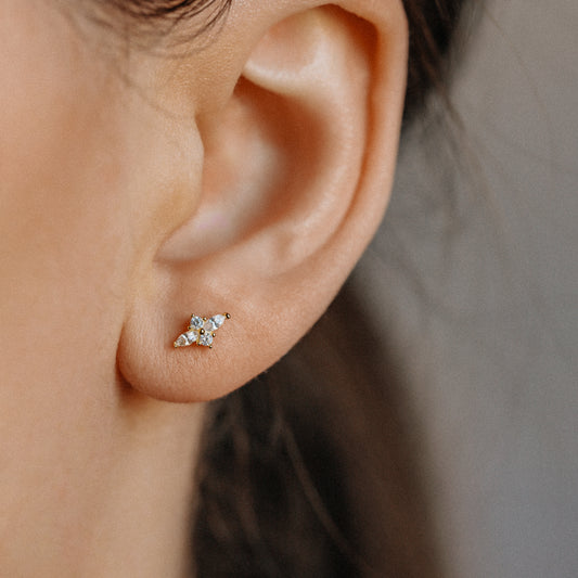 Dainty Gold Tiny Flower Earrings, Four Petals Flower Stud, Tiny Sparkly CZ Studs, Cartilage Earrings, Minimalist Earrings, Piercing Earrings