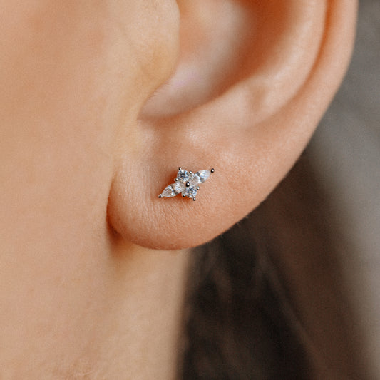 Dainty Gold Tiny Flower Earrings, Four Petals Flower Stud, Tiny Sparkly CZ Studs, Cartilage Earrings, Minimalist Earrings, Piercing Earrings