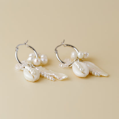 Sterling Silver Hoop Earrings with Fresh-Water Pearls and Shells • Gorgeous Pearl Hoop Earrings, Freshwater Pearl Earrings • BYSDMJEWELS