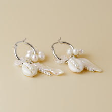 Load image into Gallery viewer, Sterling Silver Hoop Earrings with Fresh-Water Pearls and Shells • Gorgeous Pearl Hoop Earrings, Freshwater Pearl Earrings • BYSDMJEWELS
