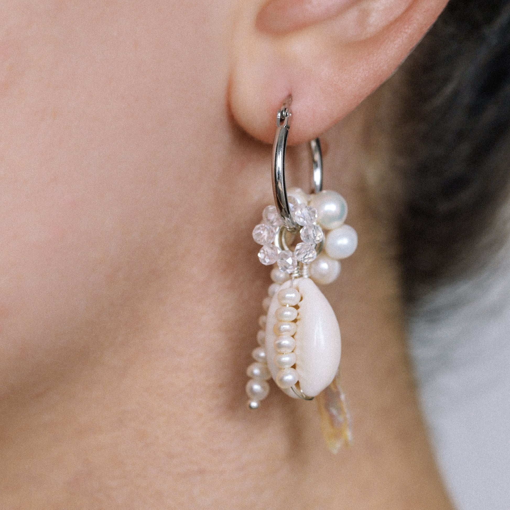 Sterling Silver Hoop Earrings with Fresh-Water Pearls and Shells • Gorgeous Pearl Hoop Earrings, Freshwater Pearl Earrings • BYSDMJEWELS