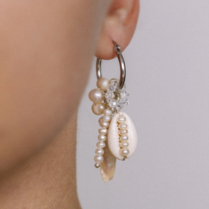 Sterling Silver Hoop Earrings with Fresh-Water Pearls and Shells • Gorgeous Pearl Hoop Earrings, Freshwater Pearl Earrings • BYSDMJEWELS