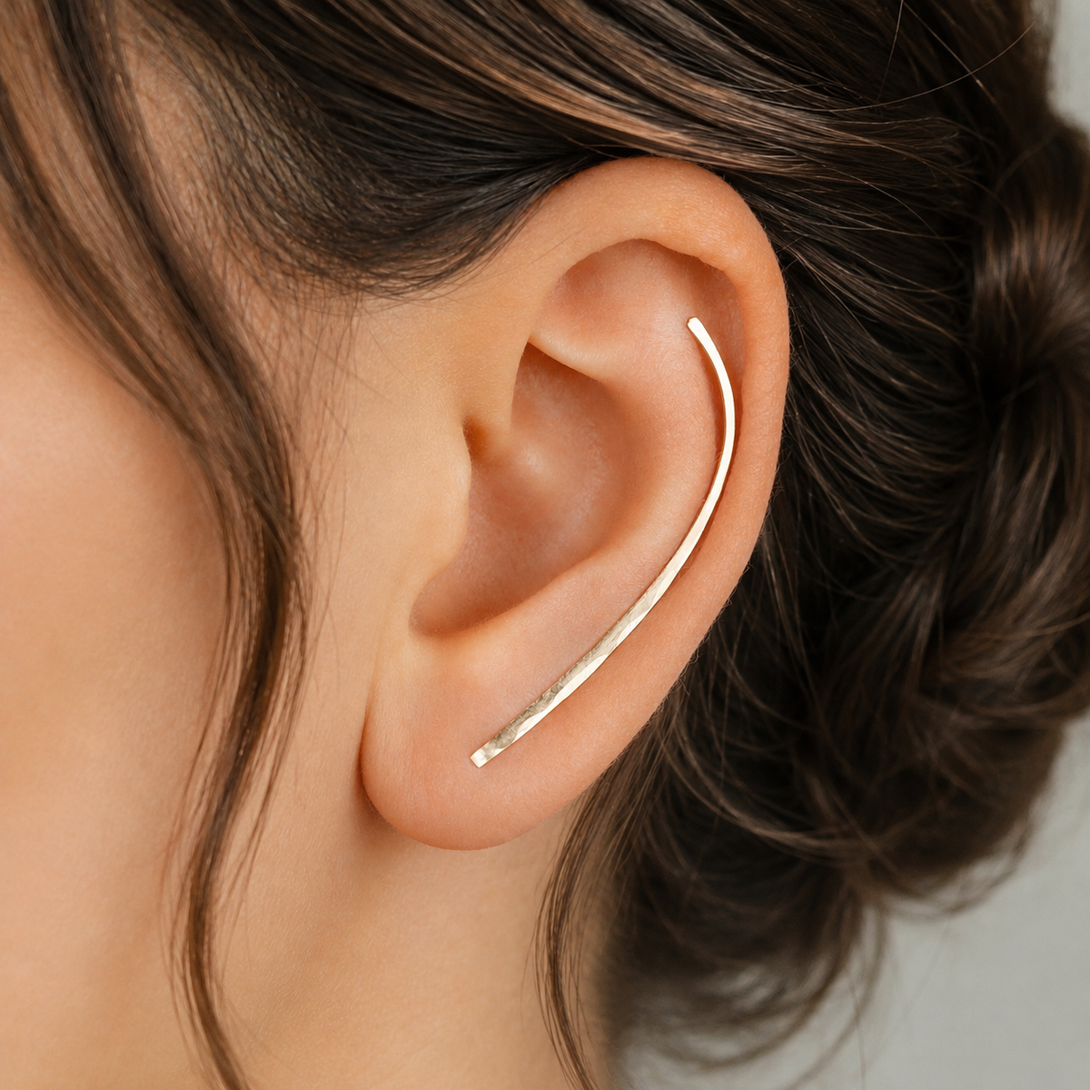 Handmade 45 mm minimalist ear climber earrings worn through one standard lobe piercing and rotated upward to follow the natural curve of the ear, featuring a long slim hand hammered wire design with an elegant ear sweep shape, available as a single left ear climber, single right ear climber or pair in solid 925 sterling silver, 14k gold filled and 14k rose gold filled, with length options from 10mm to 50mm.