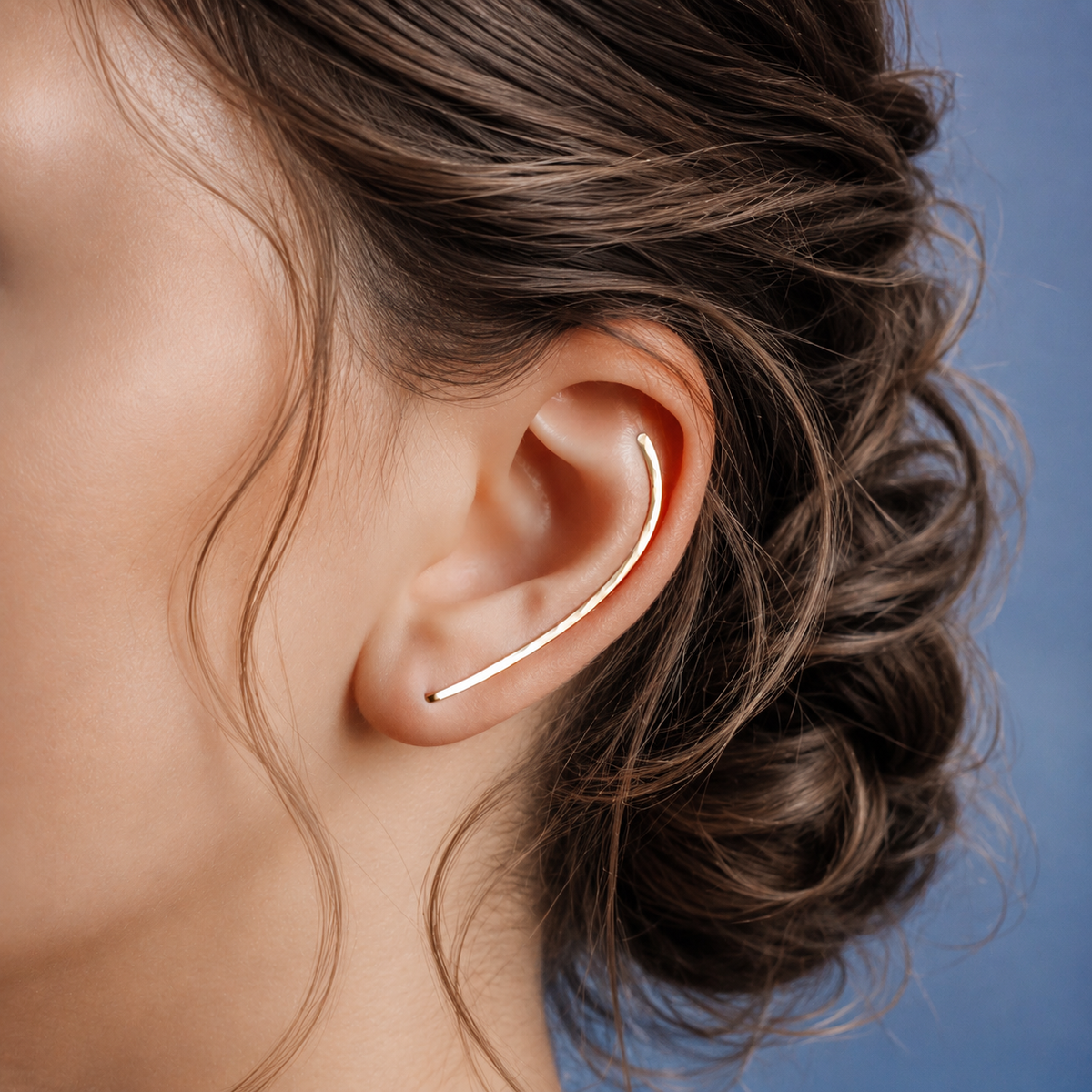 Handmade 45 mm minimalist ear climber earrings worn through one standard lobe piercing and rotated upward to follow the natural curve of the ear, featuring a long slim hand hammered wire design with an elegant ear sweep shape, available as a single left ear climber, single right ear climber or pair in solid 925 sterling silver, 14k gold filled and 14k rose gold filled, with length options from 10mm to 50mm.