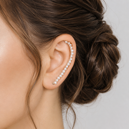 Handmade 50 mm pearl ear climber earrings worn along the natural curve of the ear, featuring tiny 2–3 mm pearls arranged in a delicate climbing design for one standard lobe piercing, available as a pair, single left ear climber or single right ear climber in solid 925 sterling silver, 14k gold filled and 14k rose gold filled, with ear climber lengths available from 10mm to 50mm.