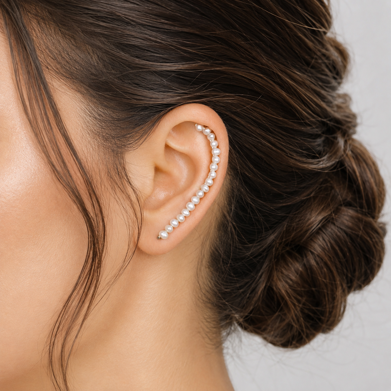 Handmade 50 mm pearl ear climber earrings worn along the natural curve of the ear, featuring tiny 2–3 mm pearls arranged in a delicate climbing design for one standard lobe piercing, available as a pair, single left ear climber or single right ear climber in solid 925 sterling silver, 14k gold filled and 14k rose gold filled, with ear climber lengths available from 10mm to 50mm.