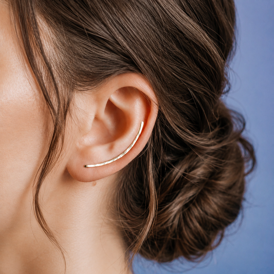 Handmade 35 mm minimalist ear climber earrings worn through one standard lobe piercing and rotated upward along the natural curve of the ear, featuring a mid-long hand hammered wire design with a clean ear sweep shape, available as a single left ear climber, single right ear climber or pair in solid 925 sterling silver, 14k gold filled and 14k rose gold filled, with length options from 10mm to 50mm.