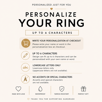 Minimal personalized ring customization infographic with instructions for adding a custom name or word at checkout, featuring elegant black and gold typography on a neutral beige background.