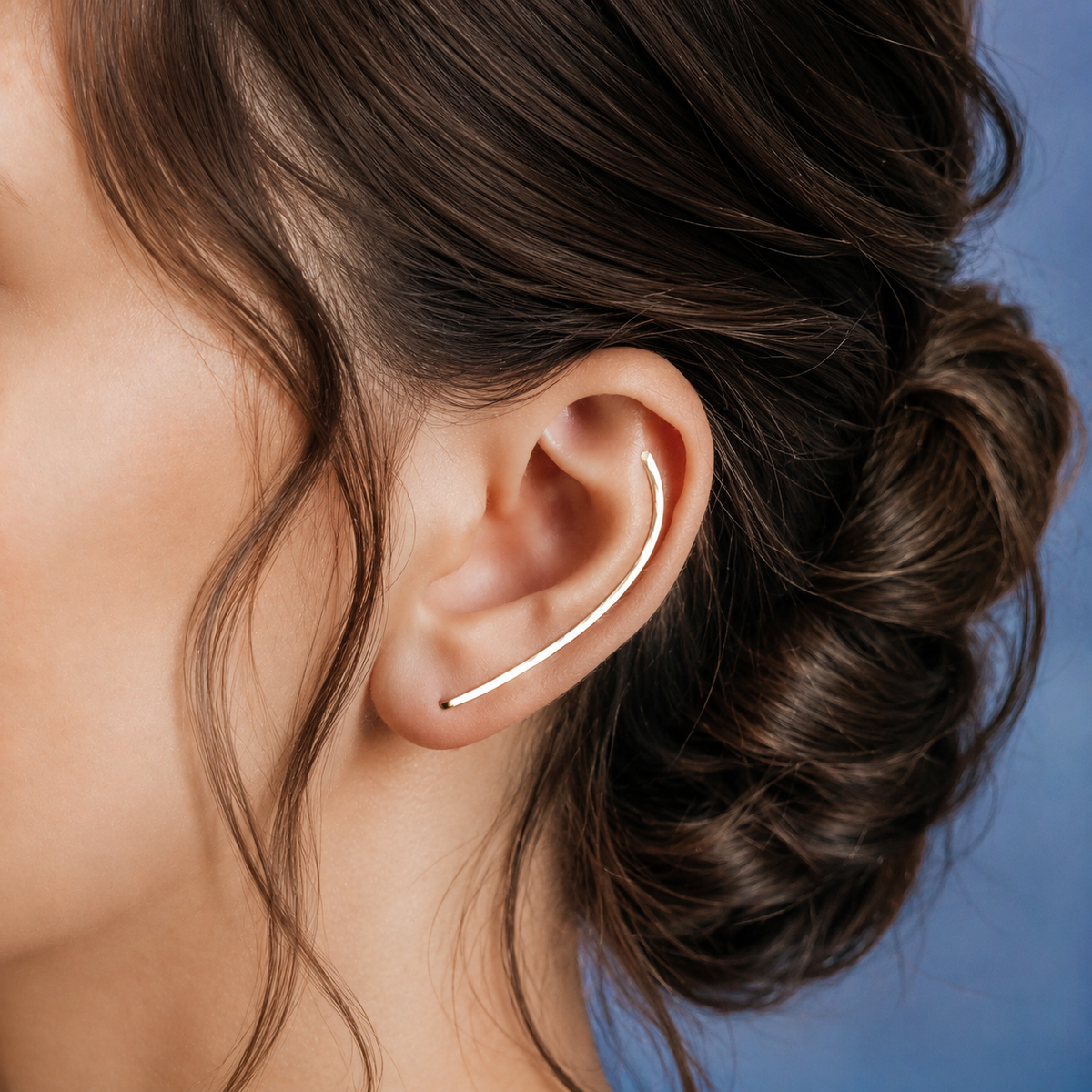 Handmade 45 mm minimalist ear climber earrings worn through one standard lobe piercing and rotated upward to follow the natural curve of the ear, featuring a long slim hand hammered wire design with an elegant ear sweep shape, available as a single left ear climber, single right ear climber or pair in solid 925 sterling silver, 14k gold filled and 14k rose gold filled, with length options from 10mm to 50mm.