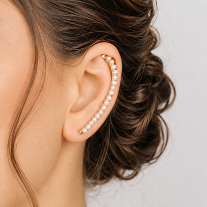 Handmade 50 mm pearl ear climber earrings worn along the natural curve of the ear, featuring tiny 2–3 mm pearls arranged in a delicate climbing design for one standard lobe piercing, available as a pair, single left ear climber or single right ear climber in solid 925 sterling silver, 14k gold filled and 14k rose gold filled, with ear climber lengths available from 10mm to 50mm.