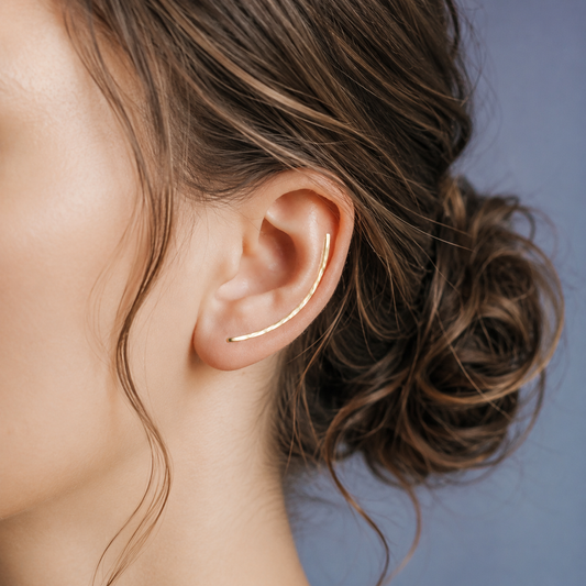 Handmade 40 mm minimalist ear climber earrings worn through one standard lobe piercing and rotated upward along the natural curve of the ear, featuring a slim hand hammered wire design with a clean long ear sweep shape, available as a single left ear climber, single right ear climber or pair in solid 925 sterling silver, 14k gold filled and 14k rose gold filled, with length options from 10mm to 50mm.