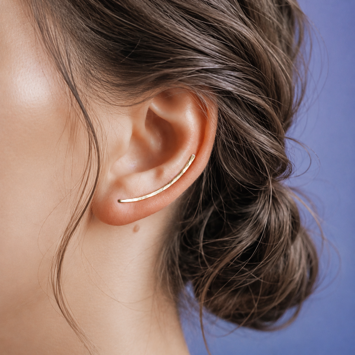 Handmade 30 mm minimalist ear climber earrings worn through one standard lobe piercing and rotated upward along the natural curve of the ear, featuring a balanced mid-length hand hammered wire design with a clean ear sweep shape, available as a single left ear climber, single right ear climber or pair in solid 925 sterling silver, 14k gold filled and 14k rose gold filled, with length options from 10mm to 50mm.
