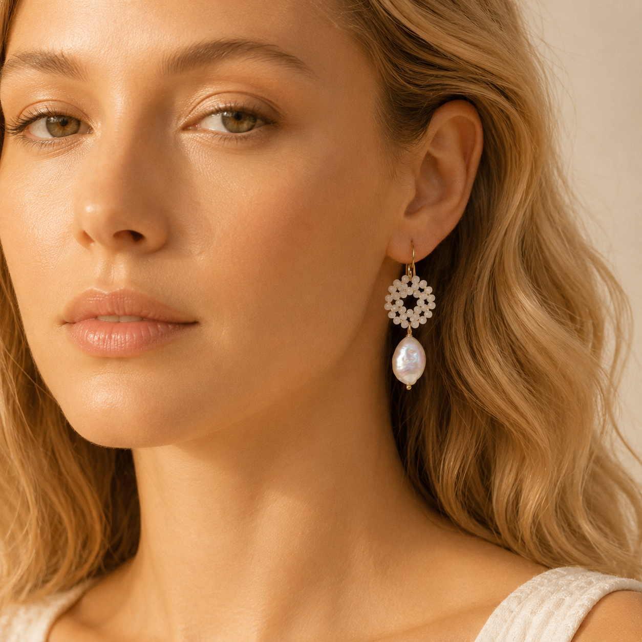 Close-up of a woman wearing a gold-plated baroque pearl drop earring with a delicate white crystal wreath, showcasing its elegant bohemian style.