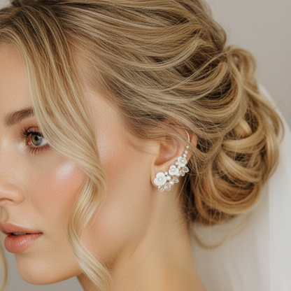 Side view of bridal floral ear climbers styled with pearls and sparkling crystal drops