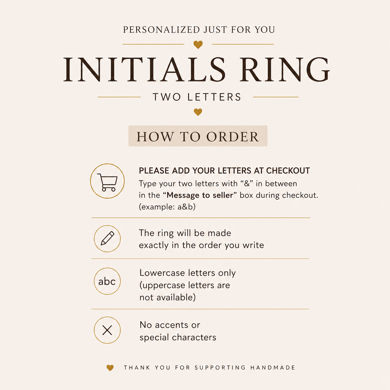 Custom initials ring instruction image showing how to order two letter ring with ampersand, personalization added at checkout message to seller, lowercase letters only, no special characters