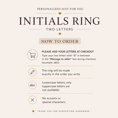 Custom initials ring instruction image showing how to order two letter ring with ampersand, personalization added at checkout message to seller, lowercase letters only, no special characters