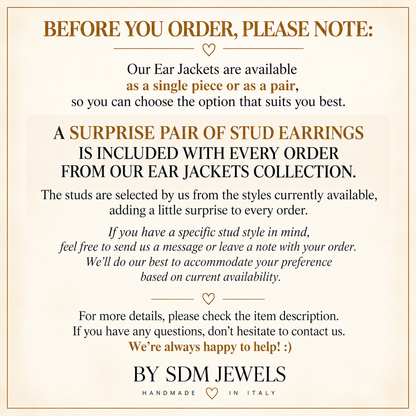 Ear Jackets ordering guide explaining single or pair options and the surprise pair of stud earrings selected by BY SDM JEWELS and included with every order.