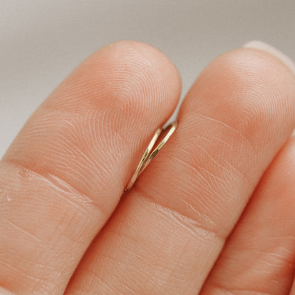 Detailed view of a handmade 12k gold filled hoop earring featuring a secure loop-and-hook closure, minimalist design for lobe and cartilage piercings.