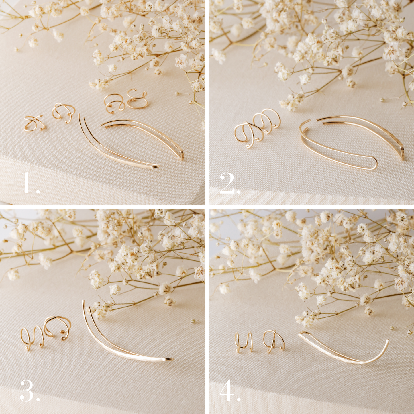 Ear climber and ear cuff set option guide showing four available configurations on a beige fabric background with white dried flowers, including 6 pieces set, 4 pieces set, 3 pieces left ear set and 3 pieces right ear set with hammered ear climbers, Double Line cuffs and Criss-Cross helix cuffs.