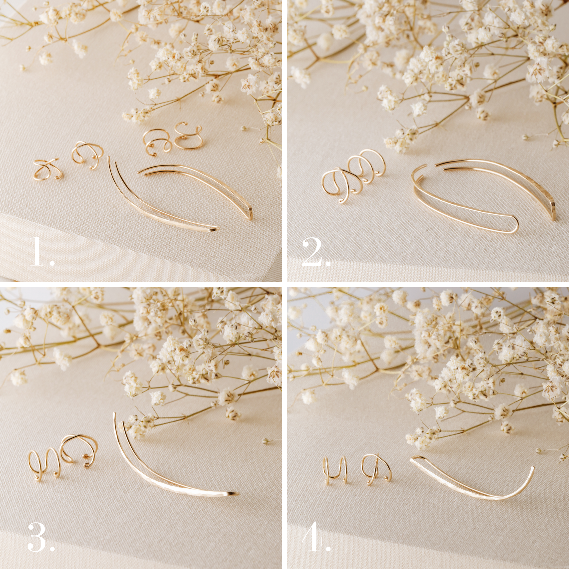Ear climber and ear cuff set option guide showing four available configurations on a beige fabric background with white dried flowers, including 6 pieces set, 4 pieces set, 3 pieces left ear set and 3 pieces right ear set with hammered ear climbers, Double Line cuffs and Criss-Cross helix cuffs.