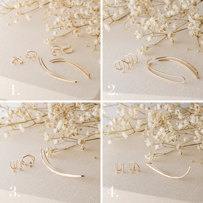 Ear climber and ear cuff set option guide showing four available configurations on a beige fabric background with white dried flowers, including 6 pieces set, 4 pieces set, 3 pieces left ear set and 3 pieces right ear set with hammered ear climbers, Double Line cuffs and Criss-Cross helix cuffs.