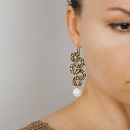 Gold crystal statement earrings with cascading circular design and pearl drop