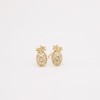 Small pineapple stud earrings with cubic zirconia on white background