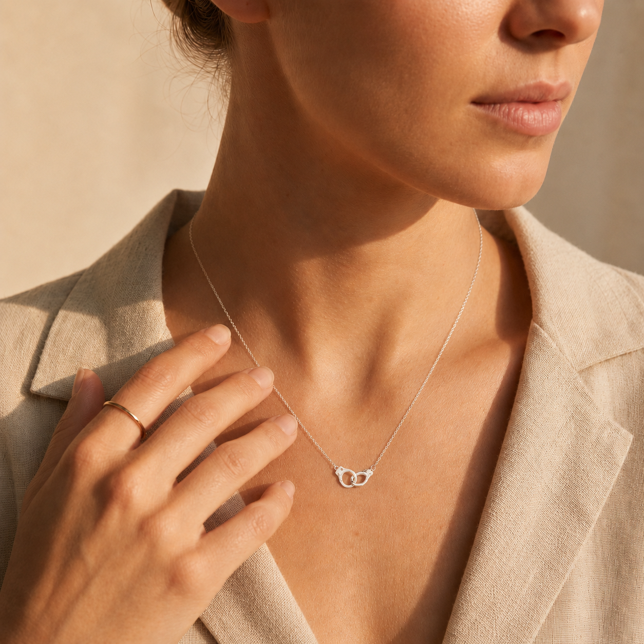 Sterling silver handcuff necklace styled with beige blazer in warm golden hour light