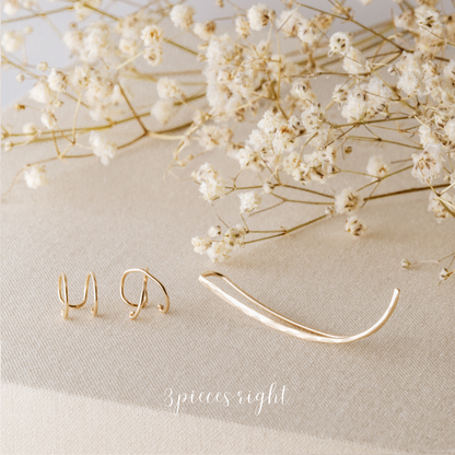 3 pieces right ear climber set displayed on beige fabric with dried white flowers, featuring one long hammered ear climber for the right ear, one Double Line no-piercing helix cuff and one Criss-Cross no-piercing helix cuff in a warm gold finish.