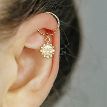 Load image into Gallery viewer, Sun Charm Hoop Earrings Rook Earrings Tragus Earrings Helix Earrings Sun Charm Earrings Celestial Huggie Hoops Tiny Sun Cartilage Earrings
