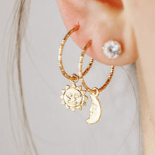Load image into Gallery viewer, Sun Charm Hoop Earrings Rook Earrings Tragus Earrings Helix Earrings Sun Charm Earrings Celestial Huggie Hoops Tiny Sun Cartilage Earrings
