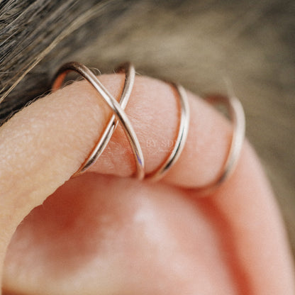 Set of two Criss Cross and Double line Ear Cuff Sterling Silver Criss Cross Ear Cuff 18kt Ear Cuff No Piercing Fake Helix Piercing Ear Wrap