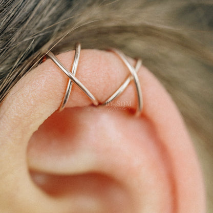 Set of two Criss Cross and Double line Ear Cuff Sterling Silver Criss Cross Ear Cuff 18kt Ear Cuff No Piercing Fake Helix Piercing Ear Wrap