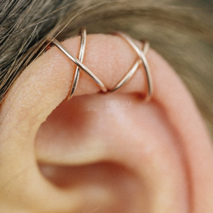 Set of two Criss Cross and Double line Ear Cuff Sterling Silver Criss Cross Ear Cuff 18kt Ear Cuff No Piercing Fake Helix Piercing Ear Wrap