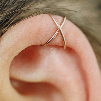 Set of two Criss Cross and Double line Ear Cuff Sterling Silver Criss Cross Ear Cuff 18kt Ear Cuff No Piercing Fake Helix Piercing Ear Wrap