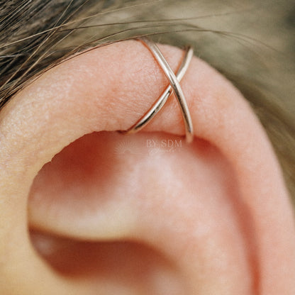 Set of two Criss Cross and Double line Ear Cuff Sterling Silver Criss Cross Ear Cuff 18kt Ear Cuff No Piercing Fake Helix Piercing Ear Wrap