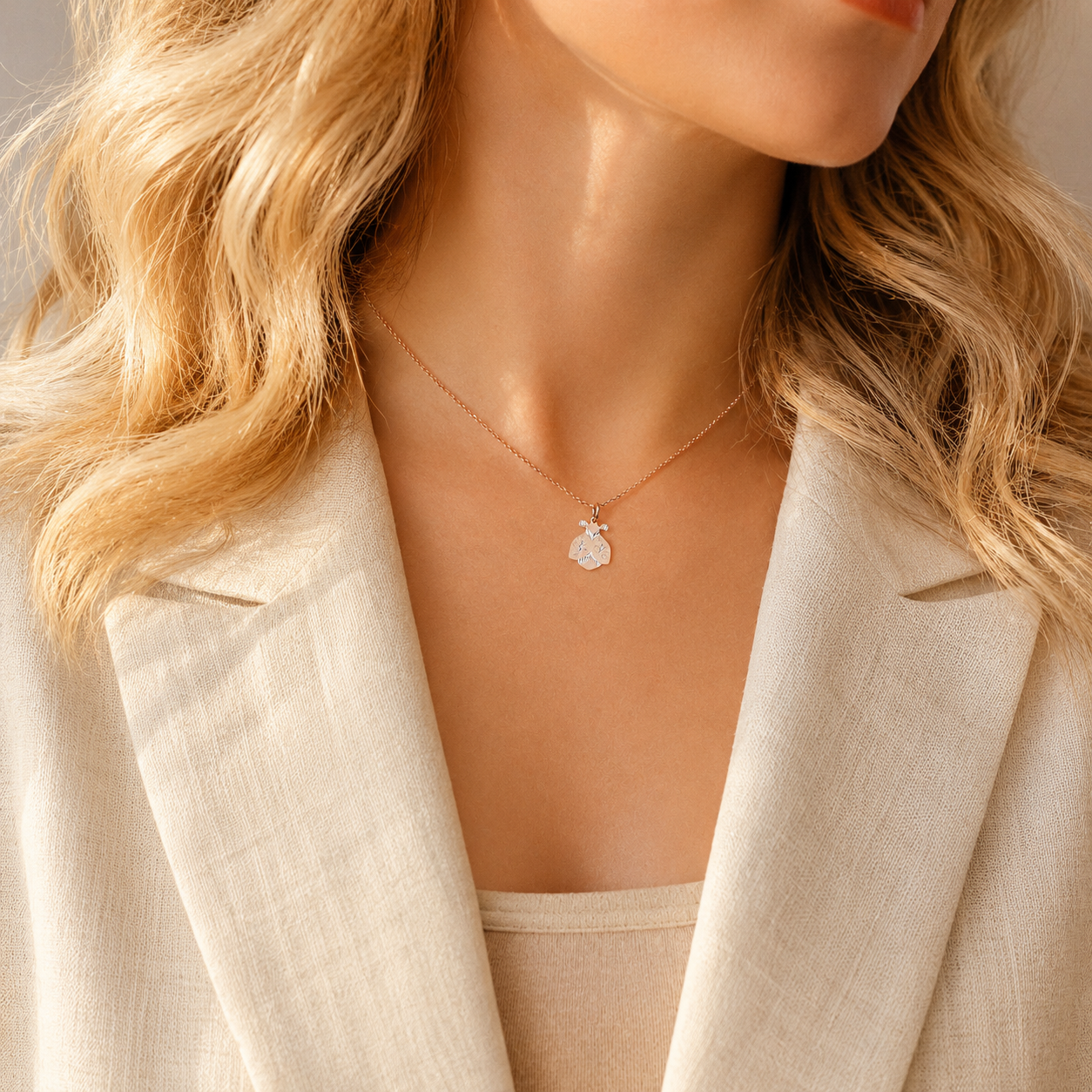 Rose gold ladybug necklace worn by model with soft natural light and cream blouse