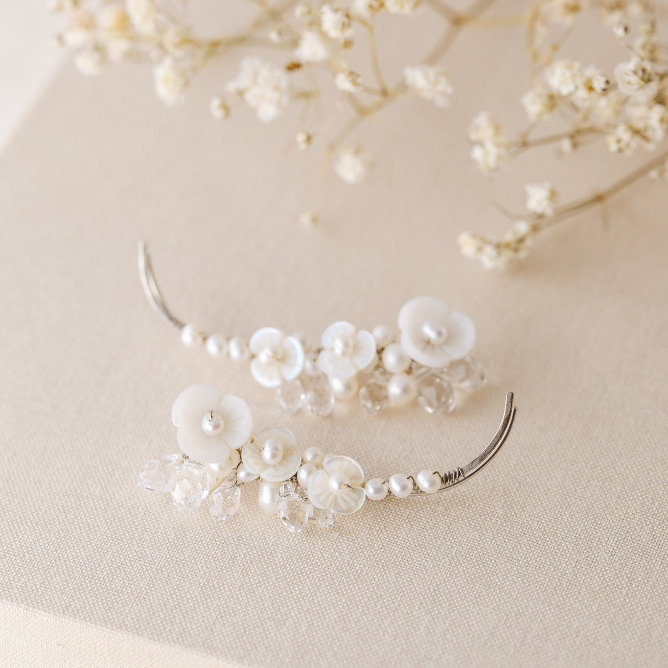 Mother of pearl flower ear climbers with freshwater pearls and clear crystal drops