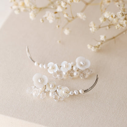 Mother of pearl flower ear climbers with freshwater pearls and clear crystal drops