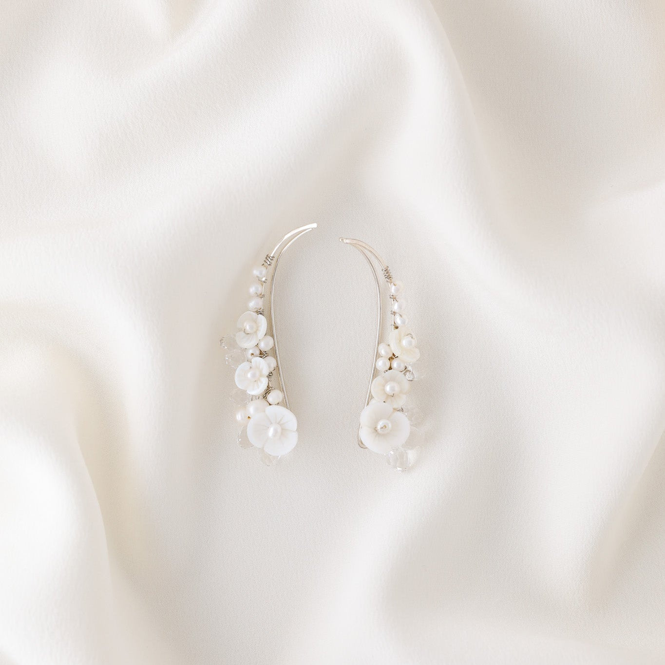 Mother of pearl flower ear climbers with freshwater pearls and clear crystal drops