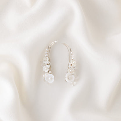 Mother of pearl flower ear climbers with freshwater pearls and clear crystal drops