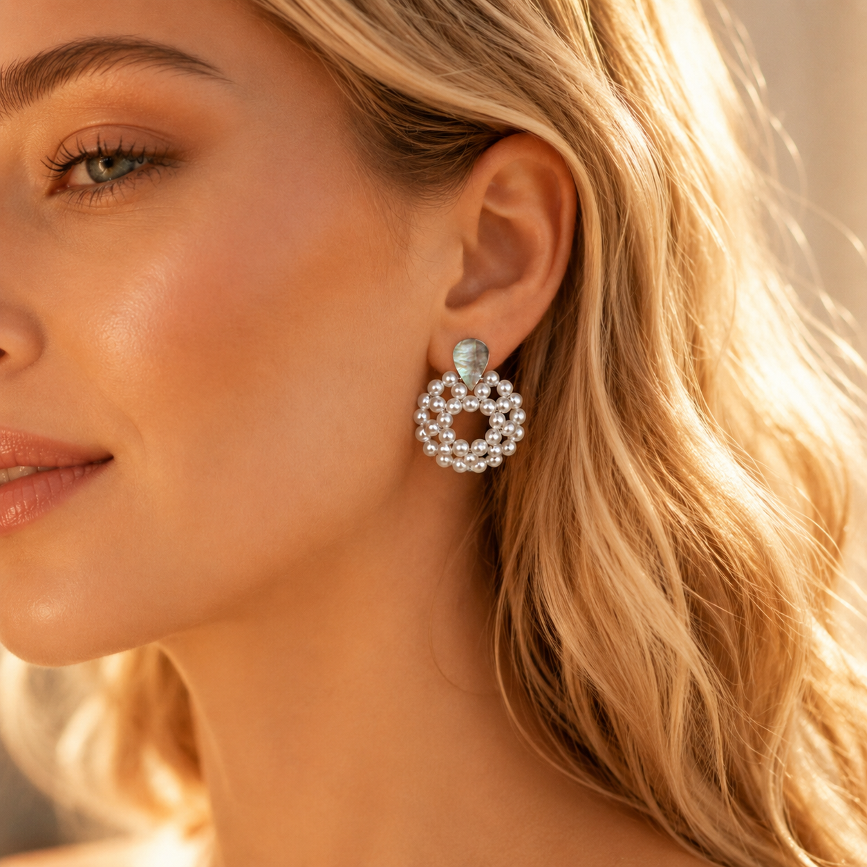 Close up of pearl hoop dangle earrings with teardrop mother of pearl abalone detail