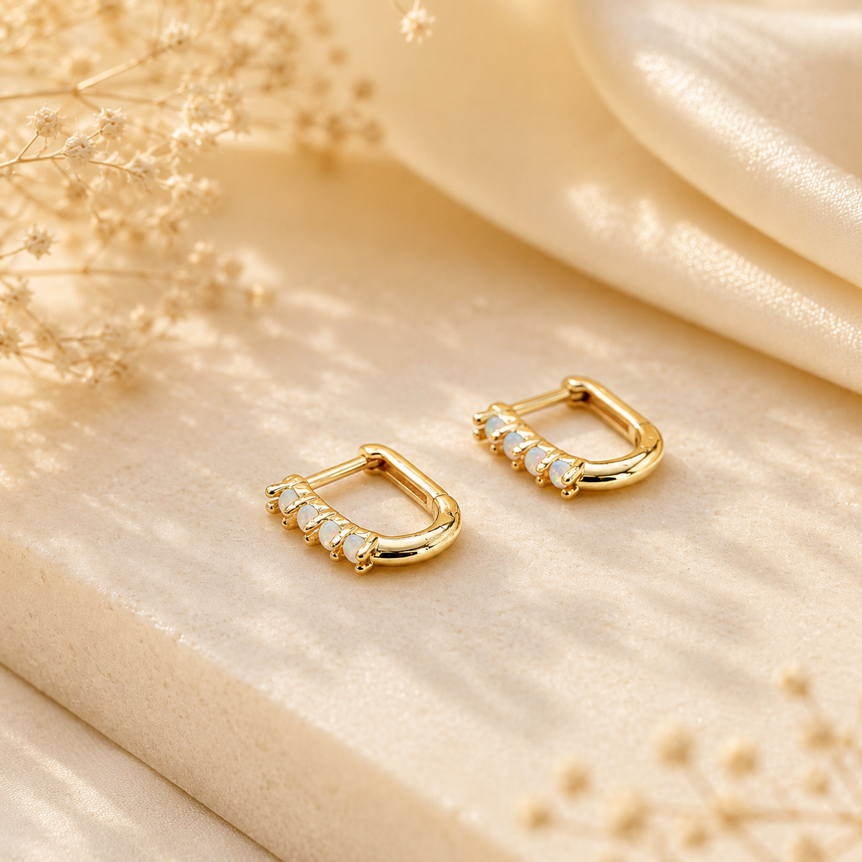 Gold opal huggie earrings showing the polished rectangular shape and secure closure