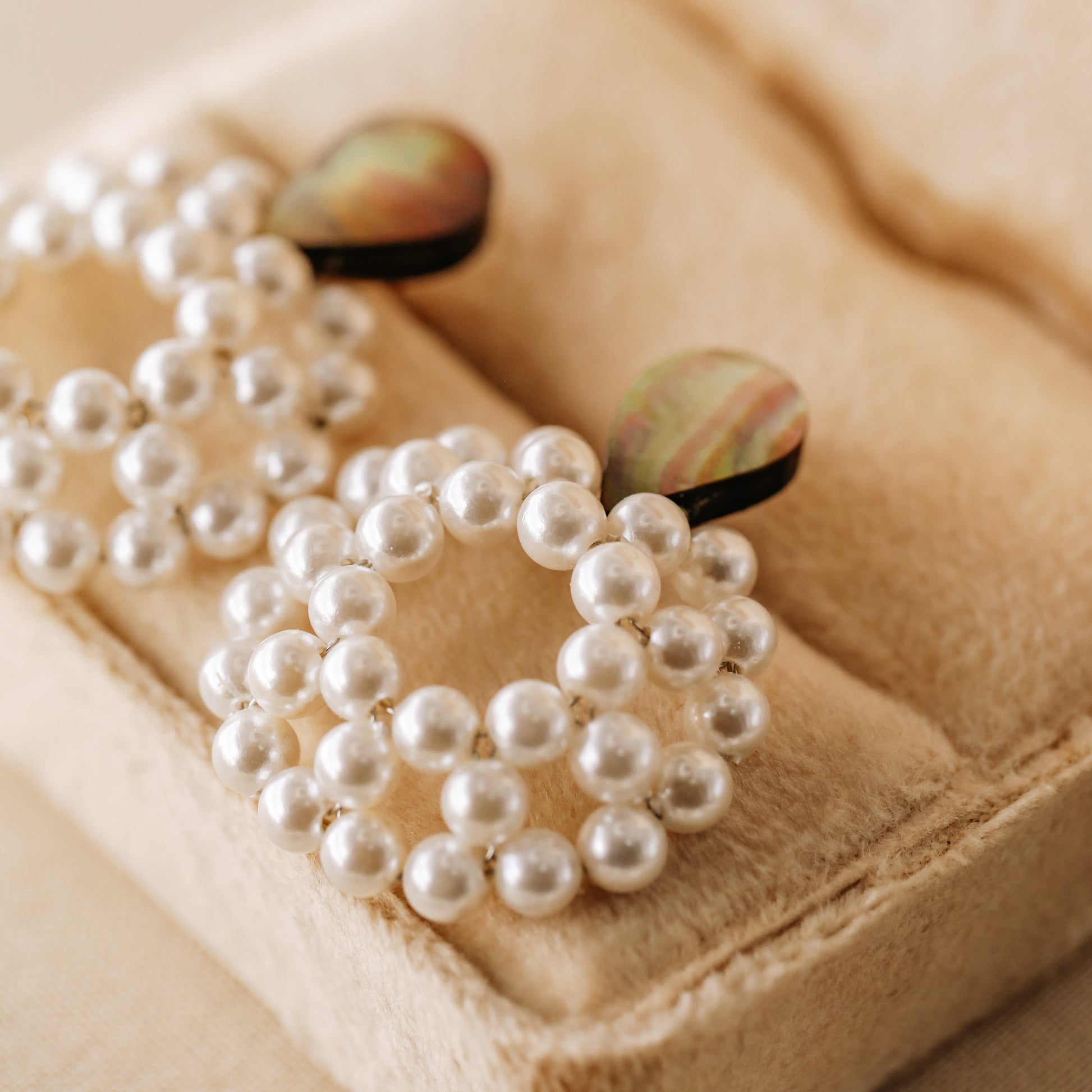 Pearl circle dangle earrings displayed in a soft jewelry box with abalone accents