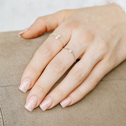 Freshwater pearl chain ring styled on hand for everyday wear