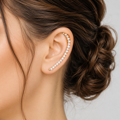Handmade 50 mm pearl ear climber earrings worn along the natural curve of the ear, featuring tiny 2–3 mm pearls arranged in a delicate climbing design for one standard lobe piercing, available as a pair, single left ear climber or single right ear climber in solid 925 sterling silver, 14k gold filled and 14k rose gold filled, with ear climber lengths available from 10mm to 50mm.