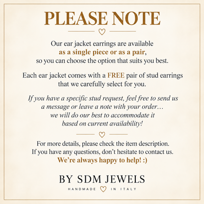 Information graphic explaining that round ear jackets can be ordered as one piece or a pair and include one complimentary pair of stud earrings selected according to availability.