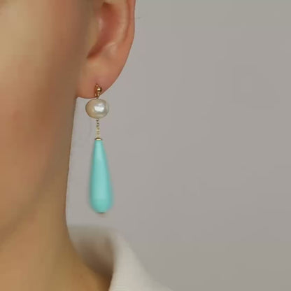 Pearl Earrings Drop Turquoise Earrings Long Pearl Earrings Light Blue Jewelry Dangle Pearl Earrings Mother's Day Gift