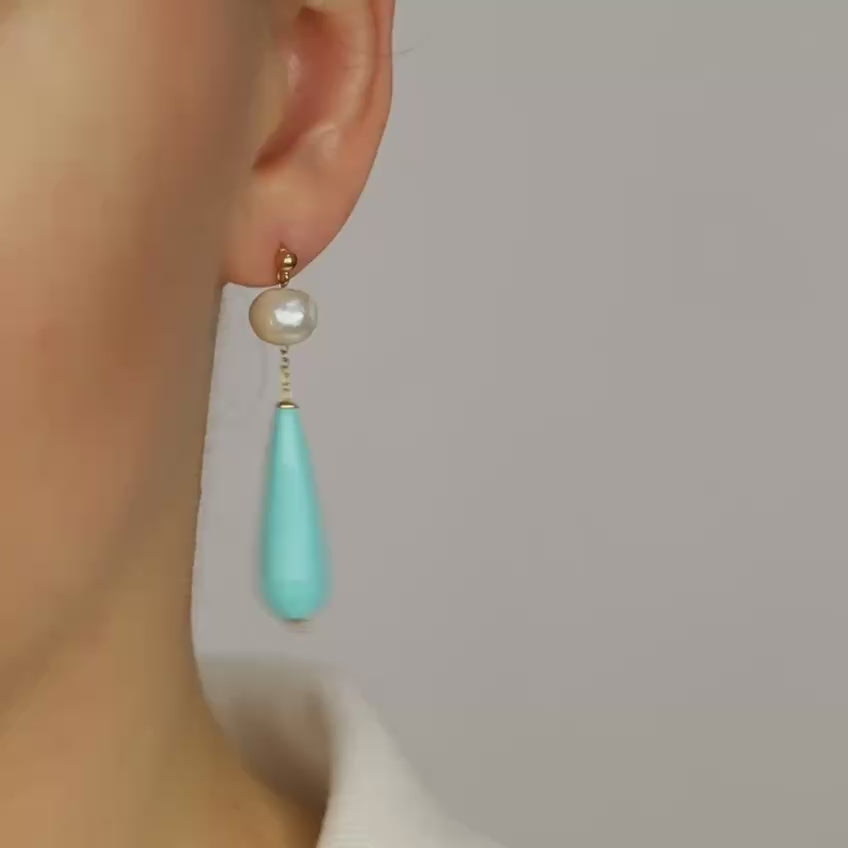 Pearl Earrings Drop Turquoise Earrings Long Pearl Earrings Light Blue Jewelry Dangle Pearl Earrings Mother's Day Gift