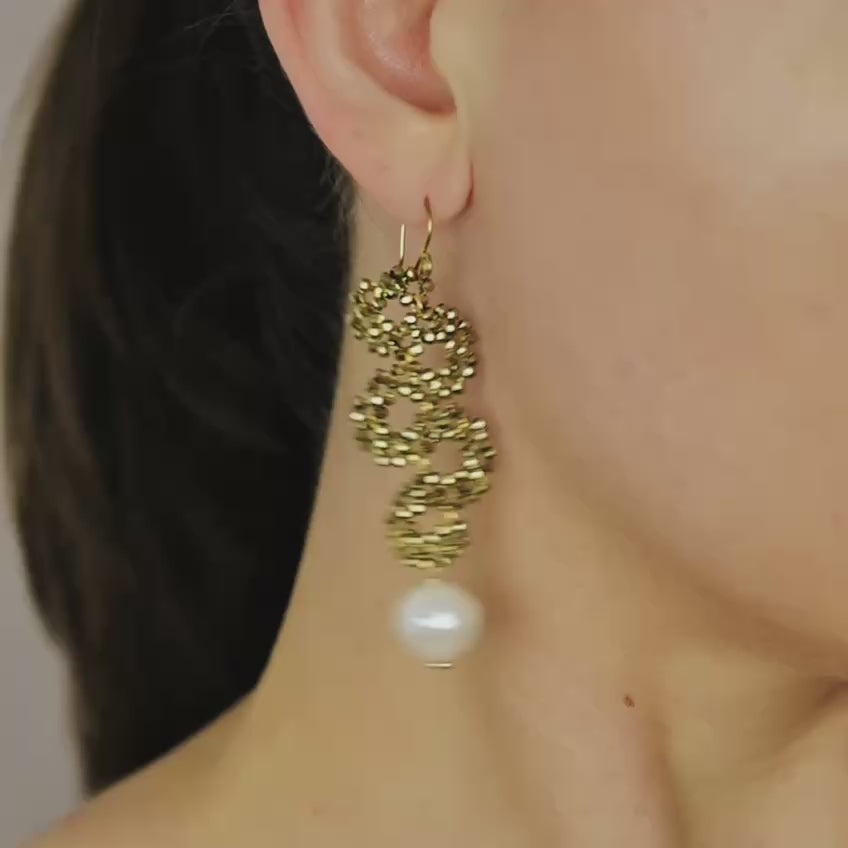 Long Dangle Sparkly Beaded Earrings with Pearl - Gold/Silver/Dove Gray